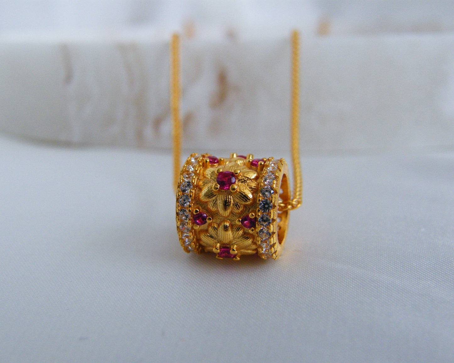 Ruby & White CZ Pavé Cylinder Necklace