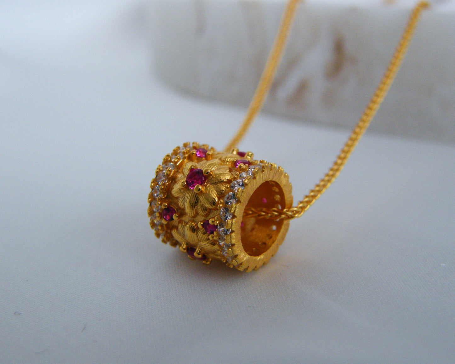 Ruby & White CZ Pavé Cylinder Necklace