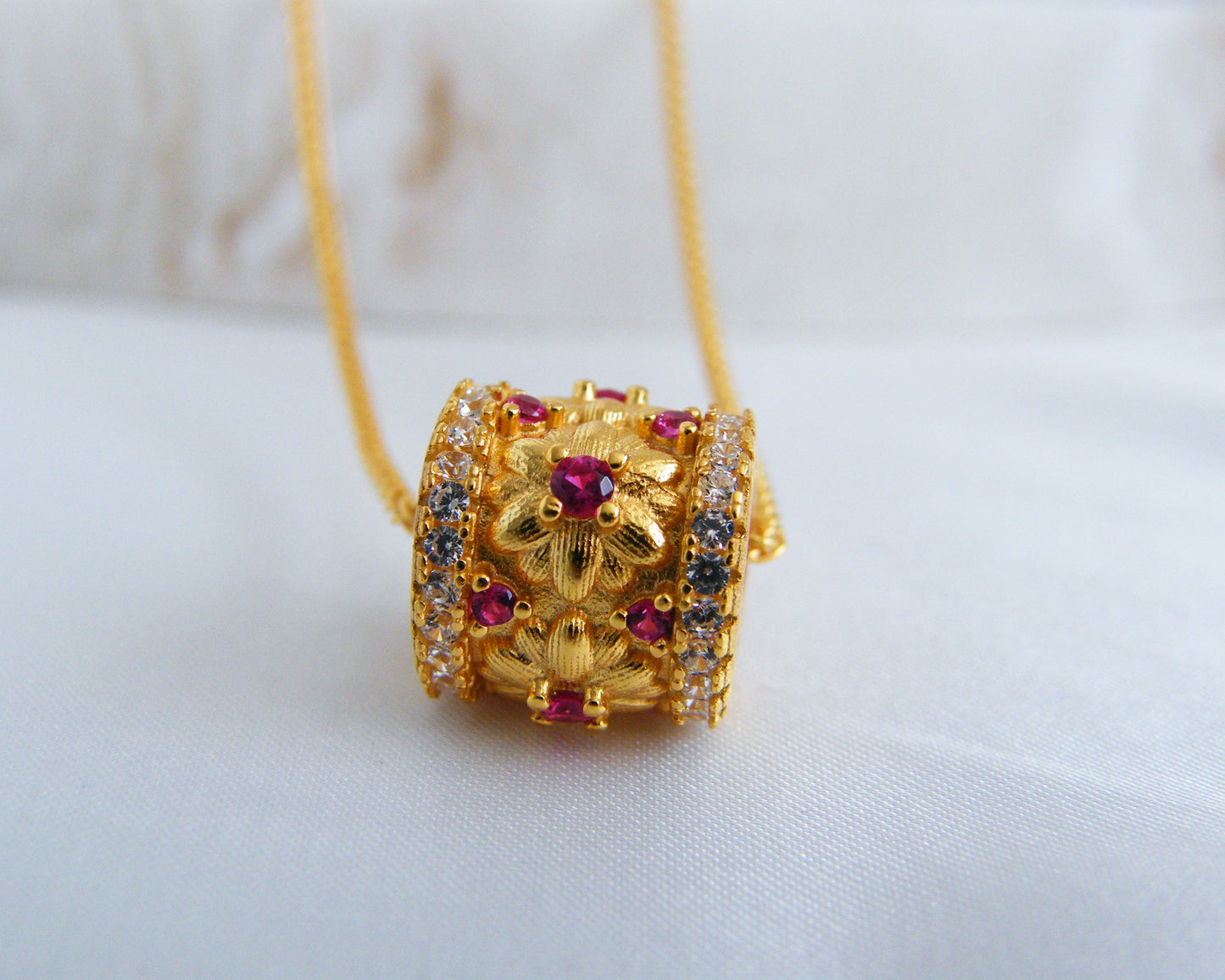 Ruby & White CZ Pavé Cylinder Necklace