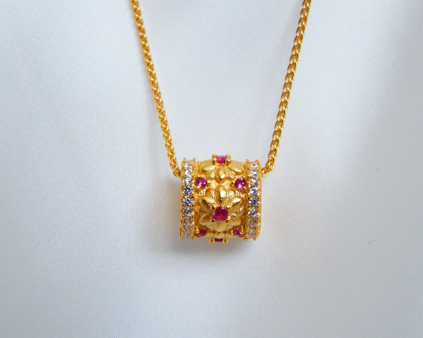 Ruby & White CZ Pavé Cylinder Necklace