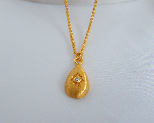 Brushed Gold Pear Drop Necklace